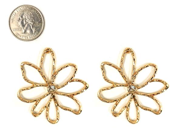 CUT OUT FLOWER RHINESTONE CENTER METAL EARRING