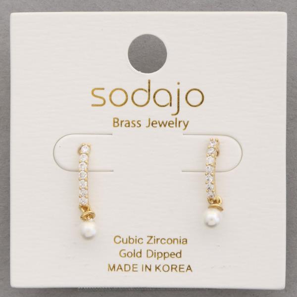 SODAJO PEARL BEAD CZ CURVE METAL GOLD DIPPED EARRING