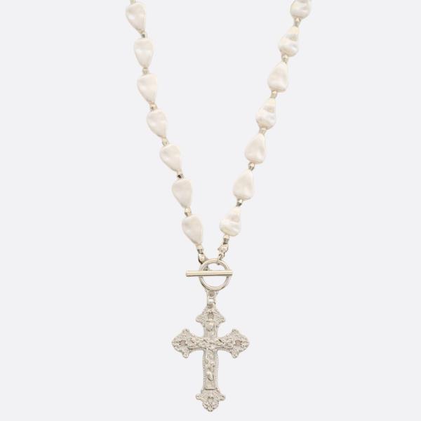 CROSS PENDANT PEARL BEAD TOGGLE CLASP NECKLACE