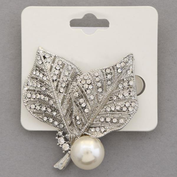 DOUBLE LEAF PEARL BEAD RHINESTONE BROOCH