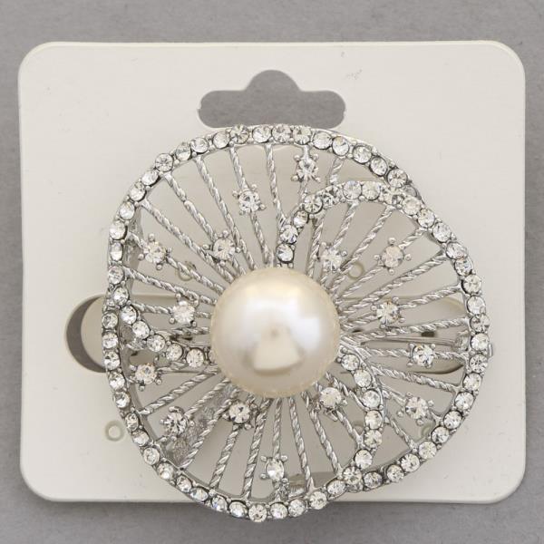 FLOWER RHINESTONE PEARL BEAD BROOCH