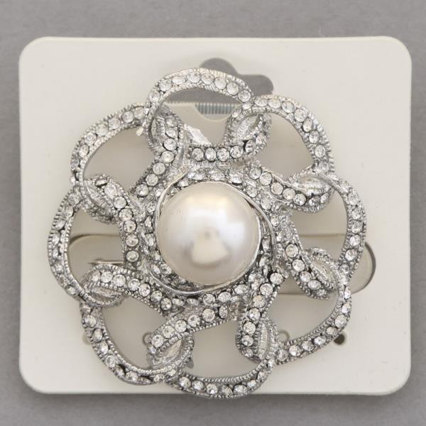 FLOWER RHINESTONE PEARL BEAD BROOCH