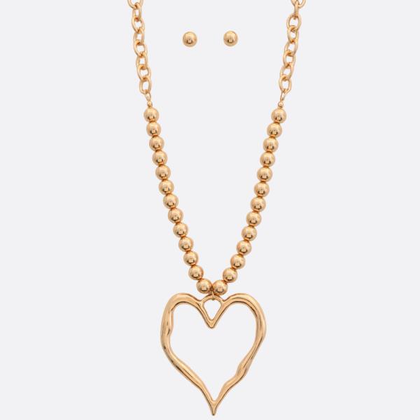 HEART PENDANT METAL BALL BEAD NECKLACE