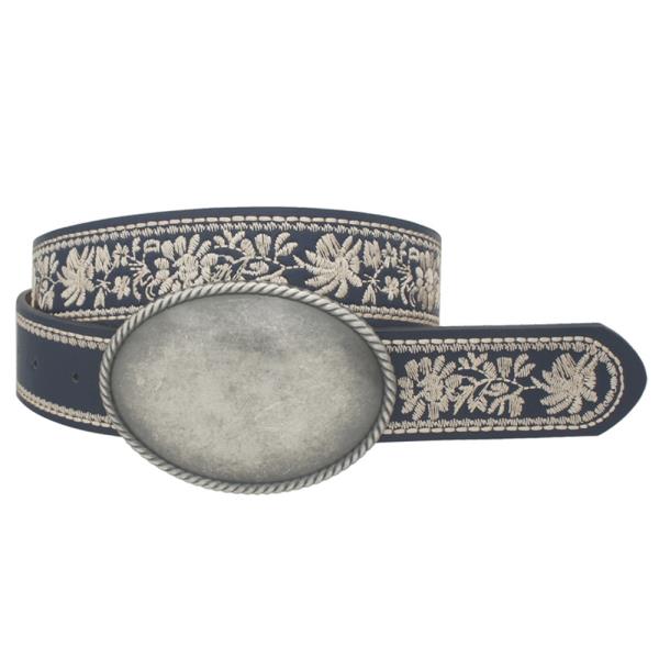 ROPE TRIMMED SIMPLE OVAL BUCKLE BELT WITH EMBROIDERY