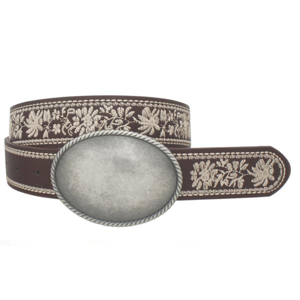 ROPE TRIMMED SIMPLE OVAL BUCKLE BELT WITH EMBROIDERY