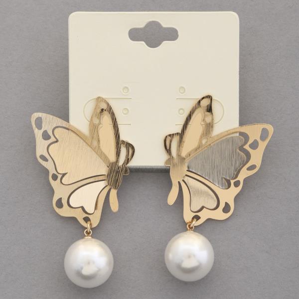 BUTTERFLY METAL PEARL BEAD EARRING