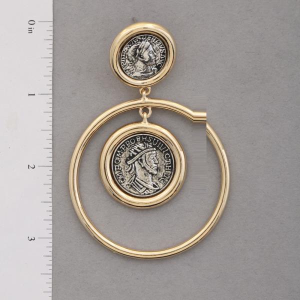 MEDALLION DOUBLE CIRCLE METAL DANGLE EARRING