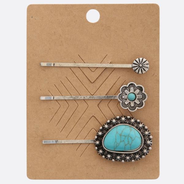 WESTERN STYLE TURQUOISE BEAD ASSORTED HAIR PIN SET