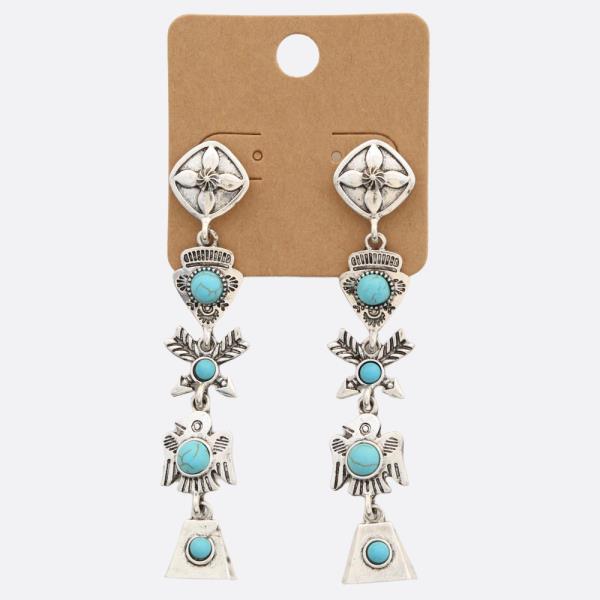 WESTERN STYLE EAGLE MULTI CHARM TURQUOISE BEAD DANGLE EARRING