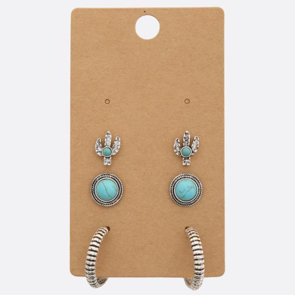 WESTERN STYLE HOOP TURQUOISE BEAD ASSORTED EARRING SET