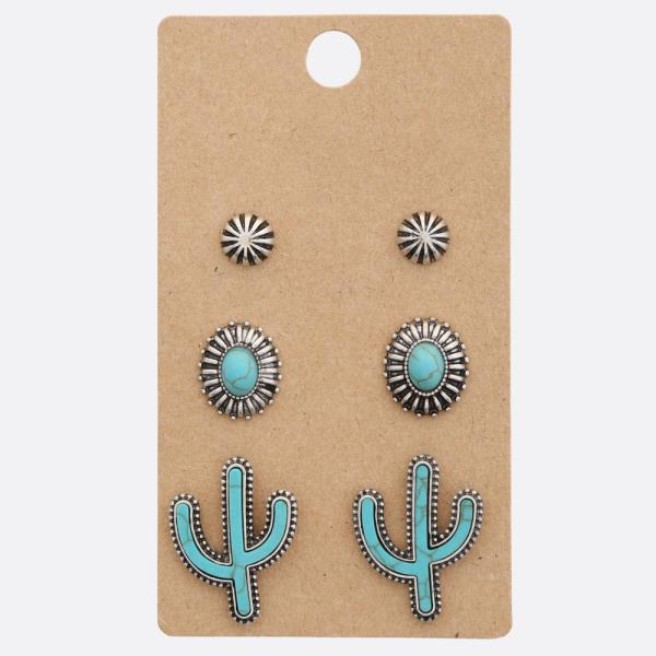 WESTERN STYLE CACTUS TURQUOISE BEAD EARRING SET