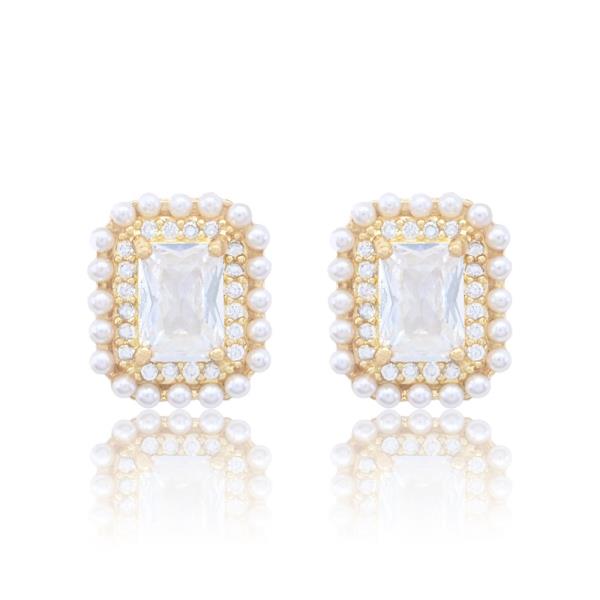 RECTANGLE CZ WITH BEAD PEARL STUD EARRING