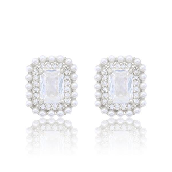 RECTANGLE CZ WITH BEAD PEARL STUD EARRING