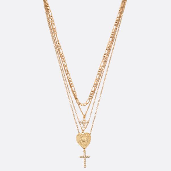 SDJ HEART CROSS CHARM LAYERED METAL NECKLACE