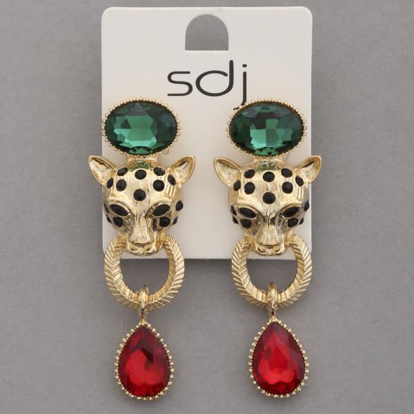 RED GREEN STONE JAGUAR DANGLE EARRING