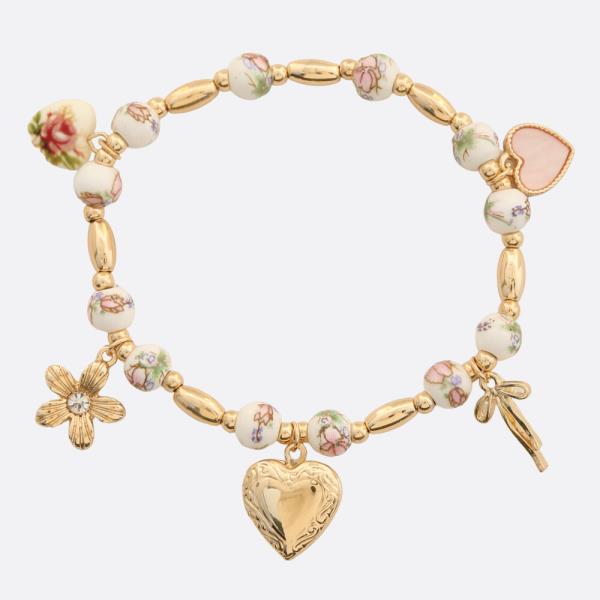 HEART FLOWER CHARM BEADED BRACELET