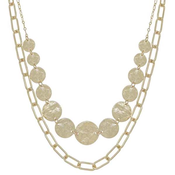 2 LAYERED HAMMERED CIRCLE METAL ACCENT SHORT NECKLACE