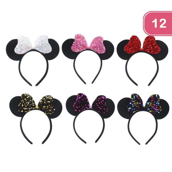 SEQUIN RIBBON CUTE EAR HEADBAND (12 UNITS)