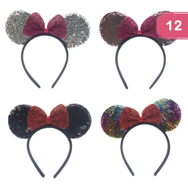 SEQUIN RIBBON CUTE EAR HEADBAND (12 UNITS)