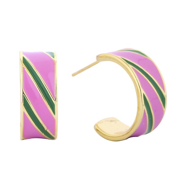 14K GOLD/WHITE GOLD DIPPED ENAMEL STRIPE HOOP EARRINGS