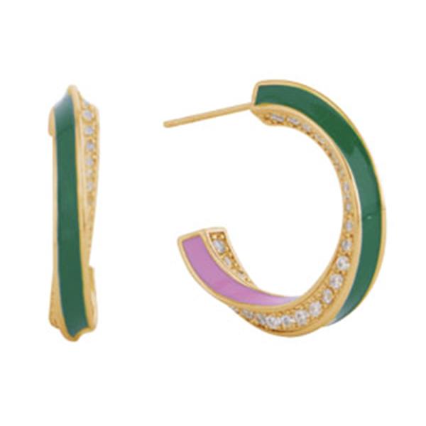 14K GOLD DIPPED/WHITE GOLD DIPPED ENAMEL CURVED CZ HOOP EARRINGS