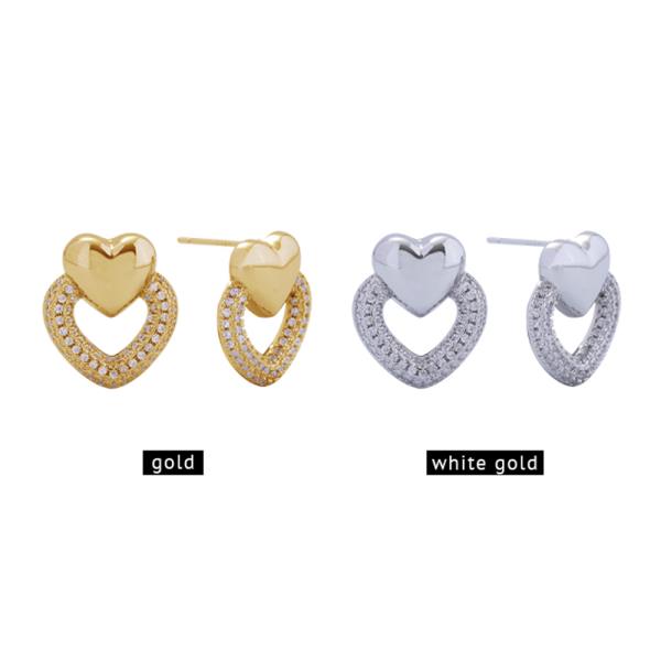 14K GOLD/WHITE GOLD DIPPED DOUBLE HEART POST EARRINGS