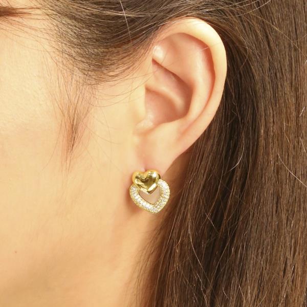 14K GOLD/WHITE GOLD DIPPED DOUBLE HEART POST EARRINGS