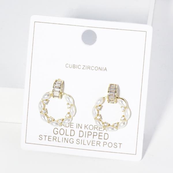 CZ GOLD DIPPED PEARL ROUND EARRING