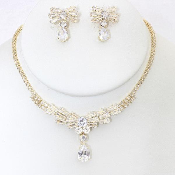 RIBBON TEARDROP RHINESTONE NECKLACE EARRING SET