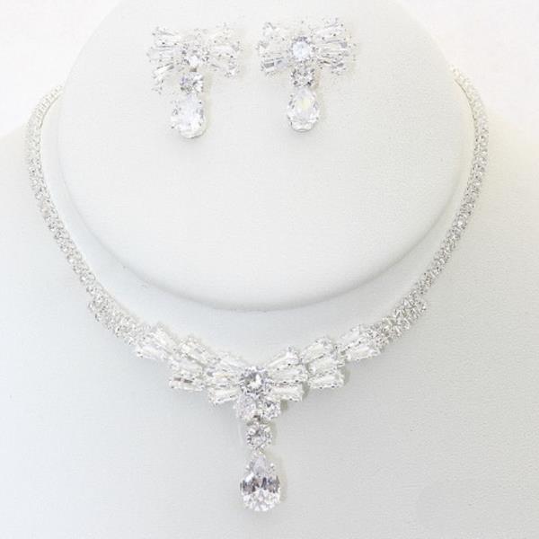 RIBBON TEARDROP RHINESTONE NECKLACE EARRING SET