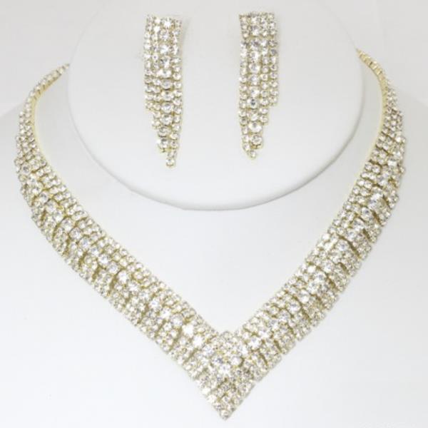 V RHINESTONE NECKLACE EARRING SET