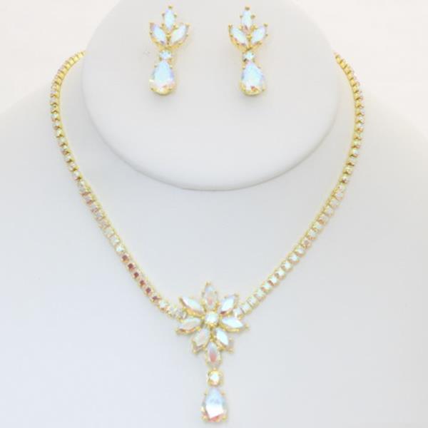 RHINESTONE FLOWER NECKLACE EARRING SET