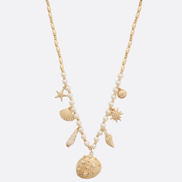 SEASHELL CHARM STATION PEARL BEAD NECKLACE