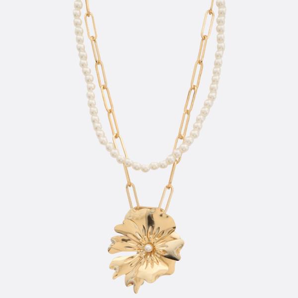 SDJ FLOWER PENDANT PEARL BEAD LINK LAYERED NECKLACE