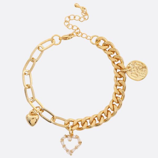 SODAJO CZ HEART COIN CHARM STATION CURB OVAL LINK GOLD DIPPED BRACELET