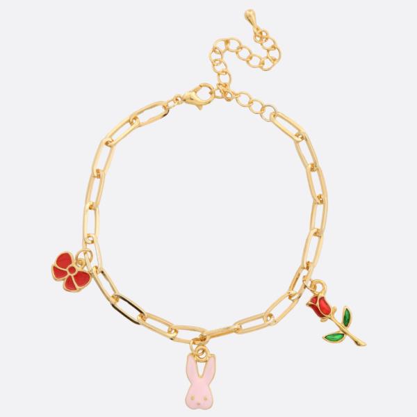 SODAJO BUNNY ROSE CHARM STATIN OVAL LINK GOLD DIPPED BRACELET