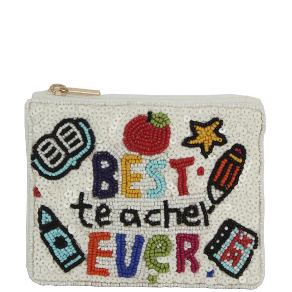 SEED BEAD BEST TEACHER EVER COIN PURSE BAG