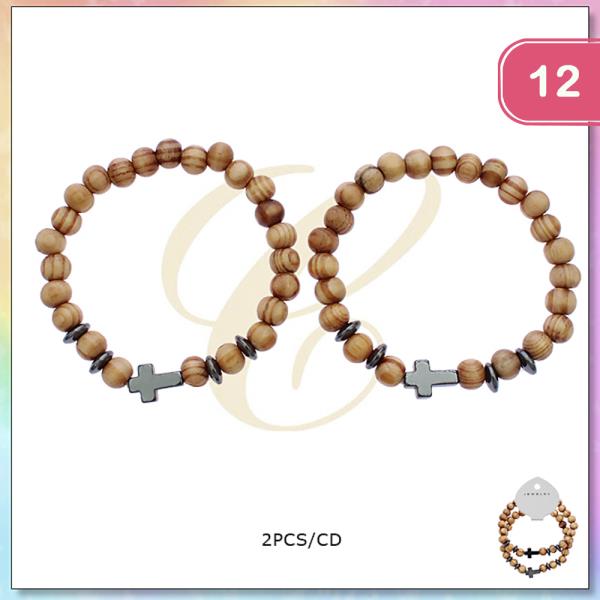 CROSS WOOD BALL STRETCH BRACELET (12 UNITS)