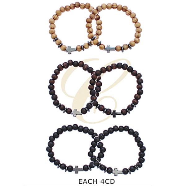 CROSS WOOD BALL STRETCH BRACELET (12 UNITS)