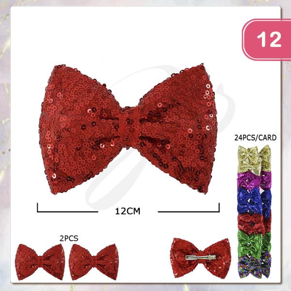 SEQUIN RIBBON HAIR BOW PIN (12 UNITS)