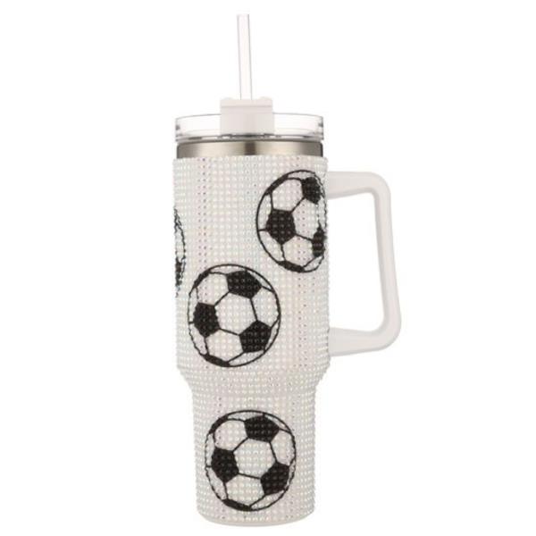 (ONLINE ONLY) RHINESTONE SOCCER 40 OZ TUMBLER WITH HANDLE