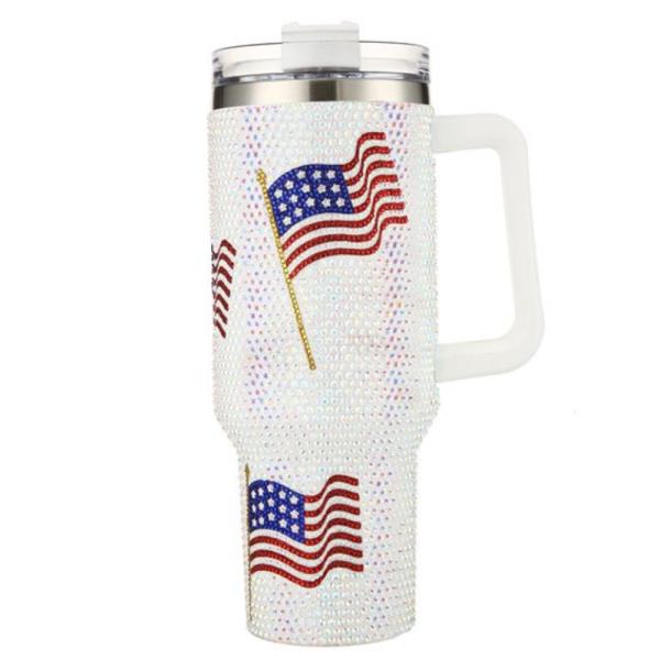 (ONLINE ONLY) RHINESTONE AMERICAN FLAG 40 OZ TUMBLER CUP WITH HANDLE