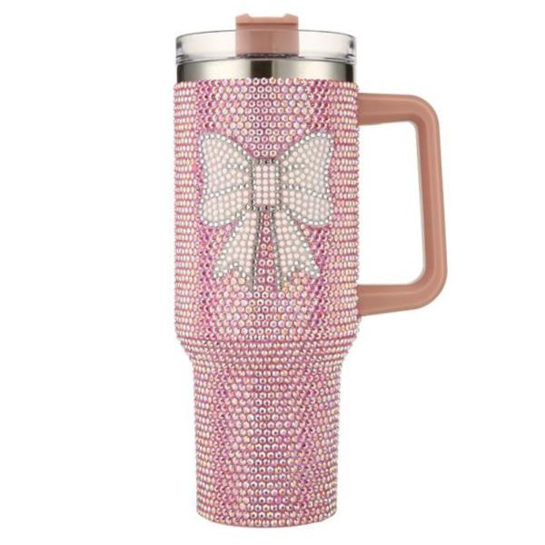 RHINESTONE CUTE BOW 40 OZ TUMBLER CUP WITH HANDLE