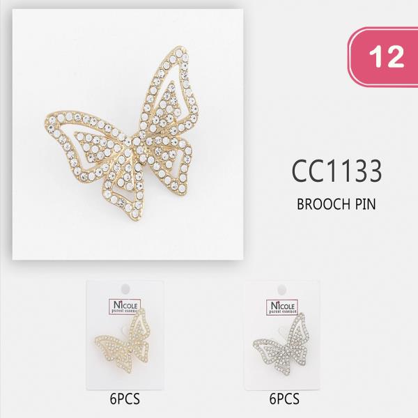 RHINESTONE BUTTERFLY BROOCH PIN (12 UNITS)