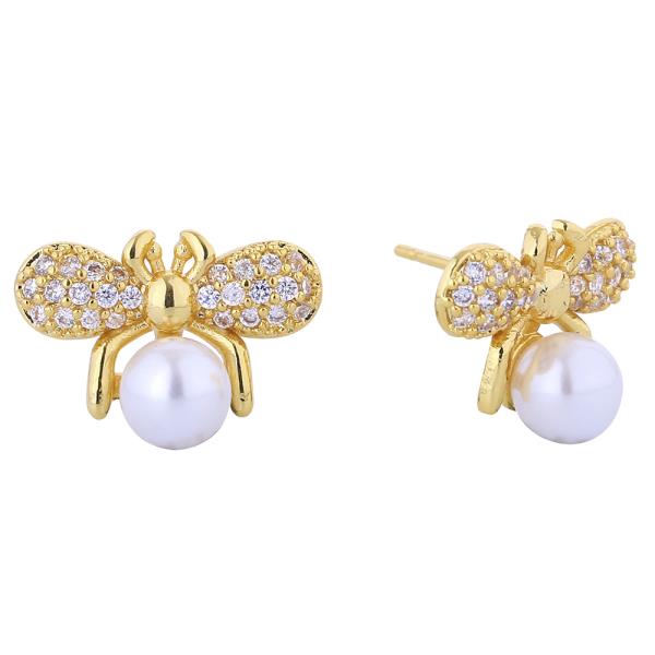 14K GOLD/WHITE GOLD DIPPED HONEY PEARL CZ EARRINGS