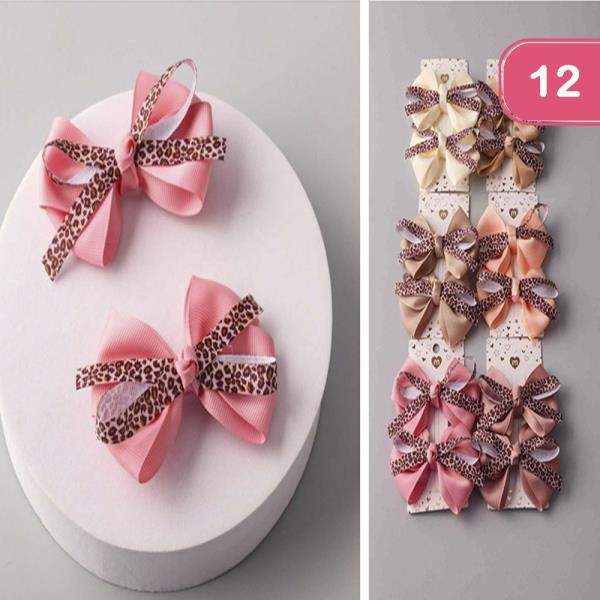 LEOPARD RIBBON HAIR BOW PIN (12 UNITS)