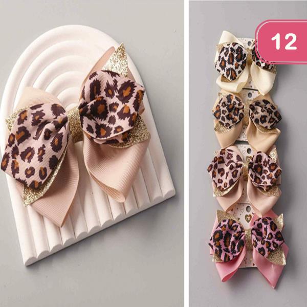 LEOPARD RIBBON HAIR BOW PIN (12 UNITS)