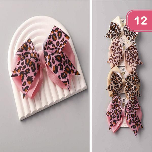 LEOPARD RIBBON HAIR BOW PIN (12 UNITS)