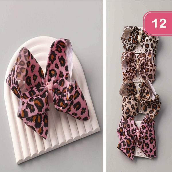 LEOPARD RIBBON HAIR BOW PIN (12 UNITS)