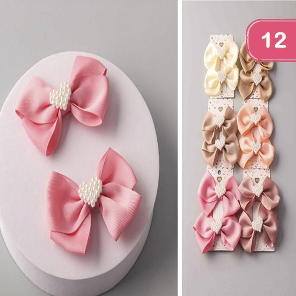 PEARL HEART RIBBON HAIR BOW PIN (12 UNITS)